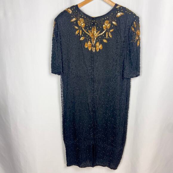 Vintage Beaded Cocktail Dress Size 2X Black Gold‎ Sequins B2 & US by Marx & John - Picture 9 of 15